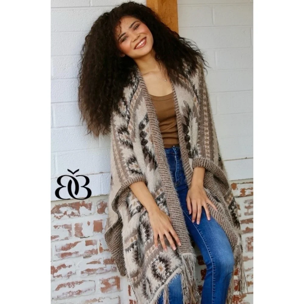 ANGIE Mocha & Taupe Soft Knit Fringed Ruana Sweater Wrap - Picture 7 of 8